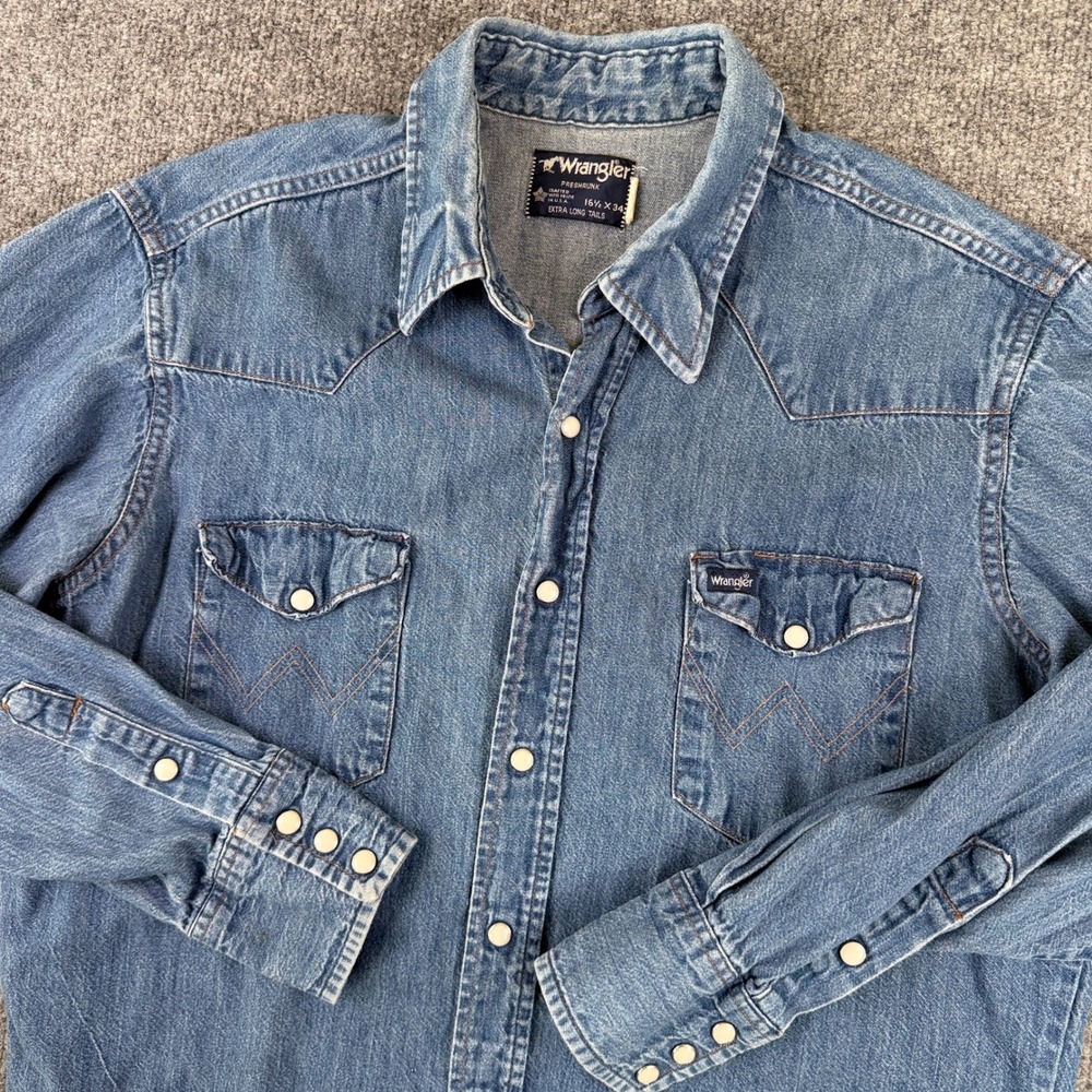 Vintage Wrangler Denim Pearl Snap Shirt Mens L 16.5 Blue Western Made in USA 80s